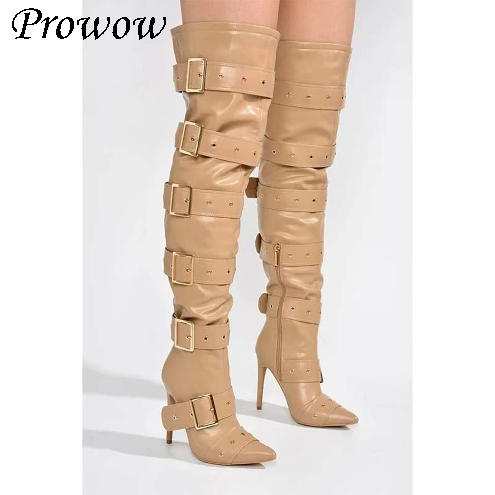 

Новые пикантные сапоги выше колена с острым носком и пряжкой на высоком каблуке, женская обувь Zapatos Mujer