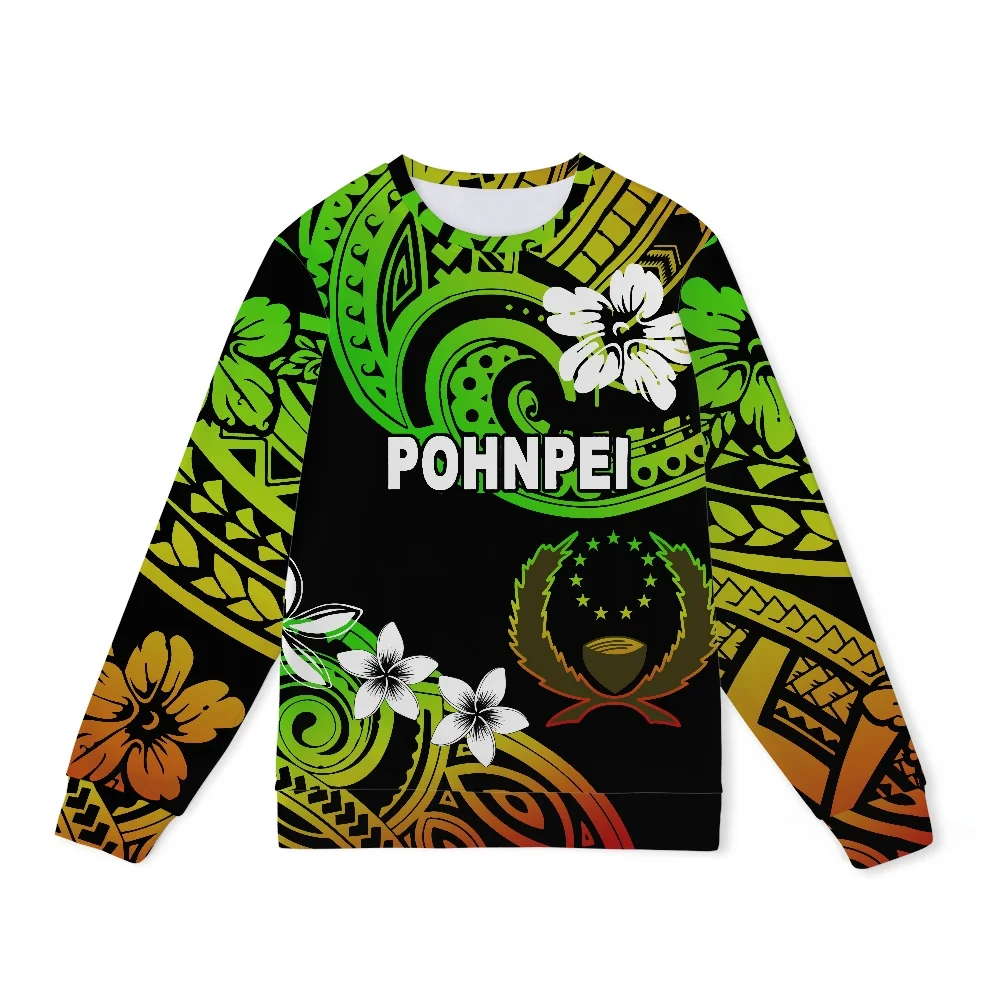 Pohnpei Pattern Printing Hibiscus Flower T-Shirt Autumn Men's T-Shirt New Listing Round Neck Long Sleeve Large Size Sweatshirt