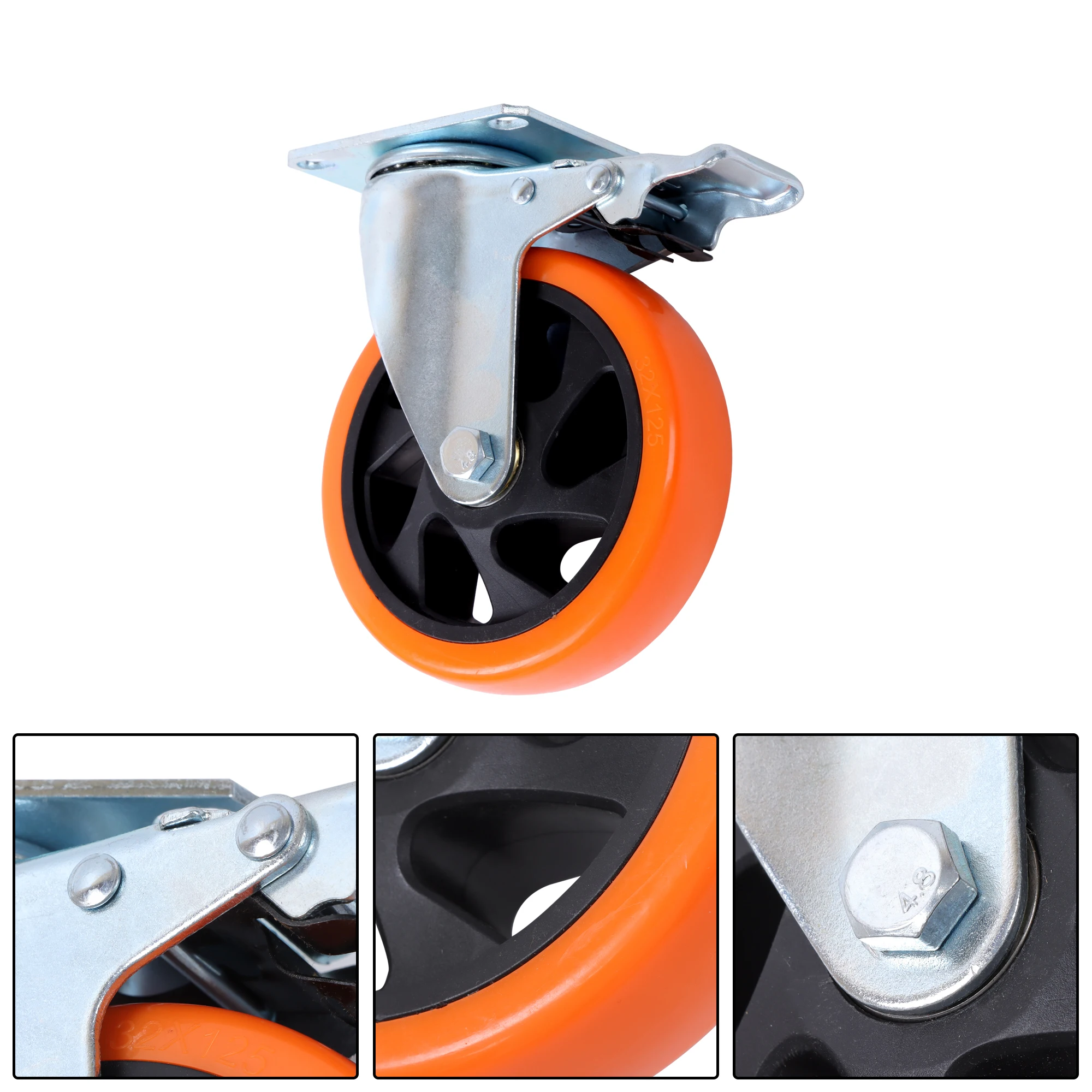 5 Inch Caster Wheels 4 Pack Heavy Duty Wheels with Brake Orange Color for Moving Furniture Shelves Workstations Material Handling Trucks view 7