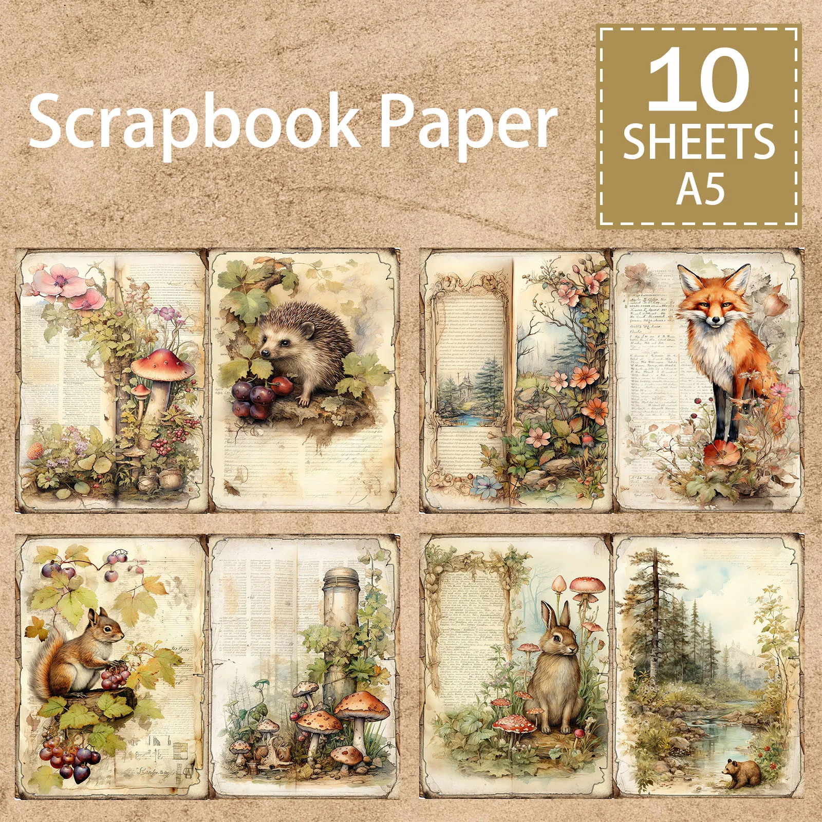 10 Sheets A5 Size Retro Forest Landscape Fox Hedgehog Hare Student Stationery Vintage Grunge Journal Planning Scrapbooking