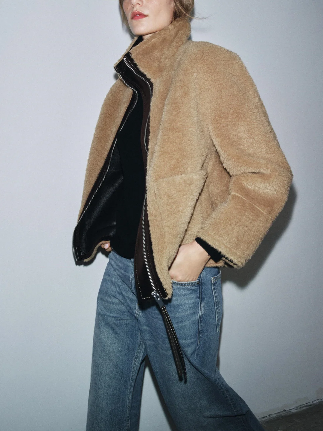 Lässige doppelseitige Lammsamt Jaet Long Sve Stehkragen Kunstleder Damen Faion Oberbekleidung Winter Neuankömmling