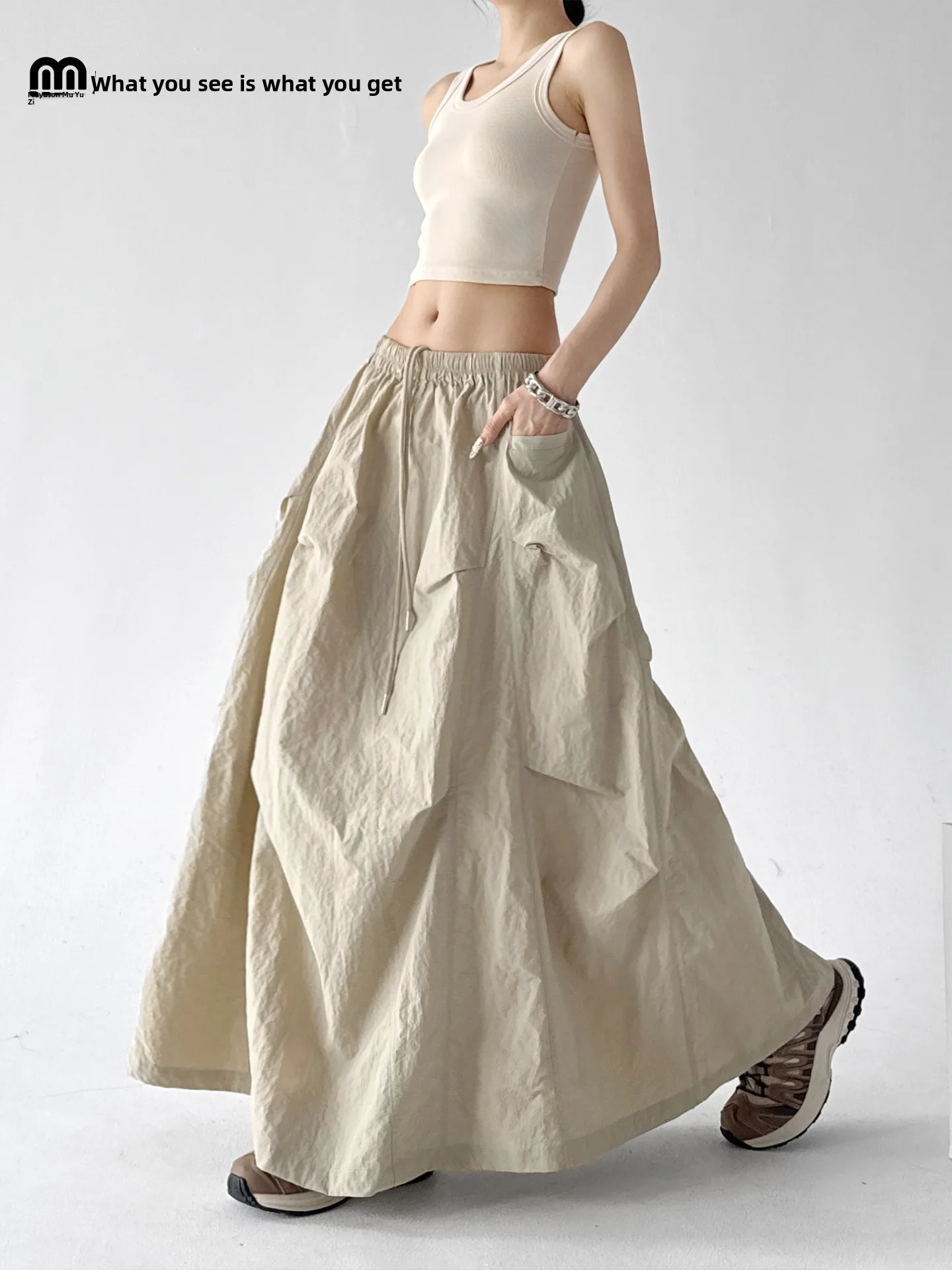High Waist A-Line Midi Skirt Women's Khaki Lightweight Floor-Length Split Summer New Style Casual Elegant Skirts
