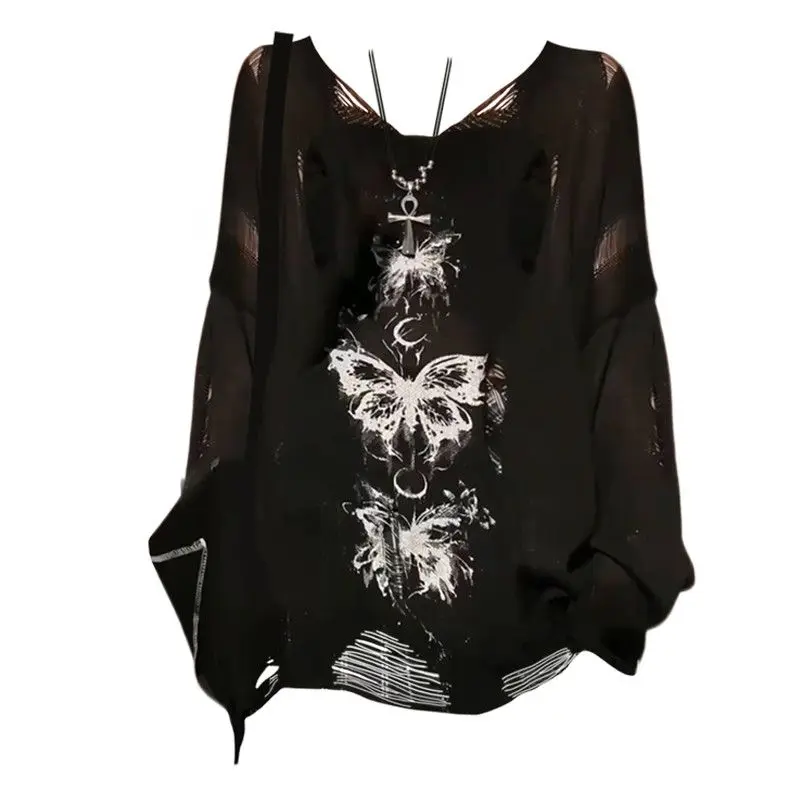 Hot Girl Butterfly Graffiti Hollow Long Sleeves to Make Women Look Slim in Summer Street-fried Loose Thin Sunscreen Blouse