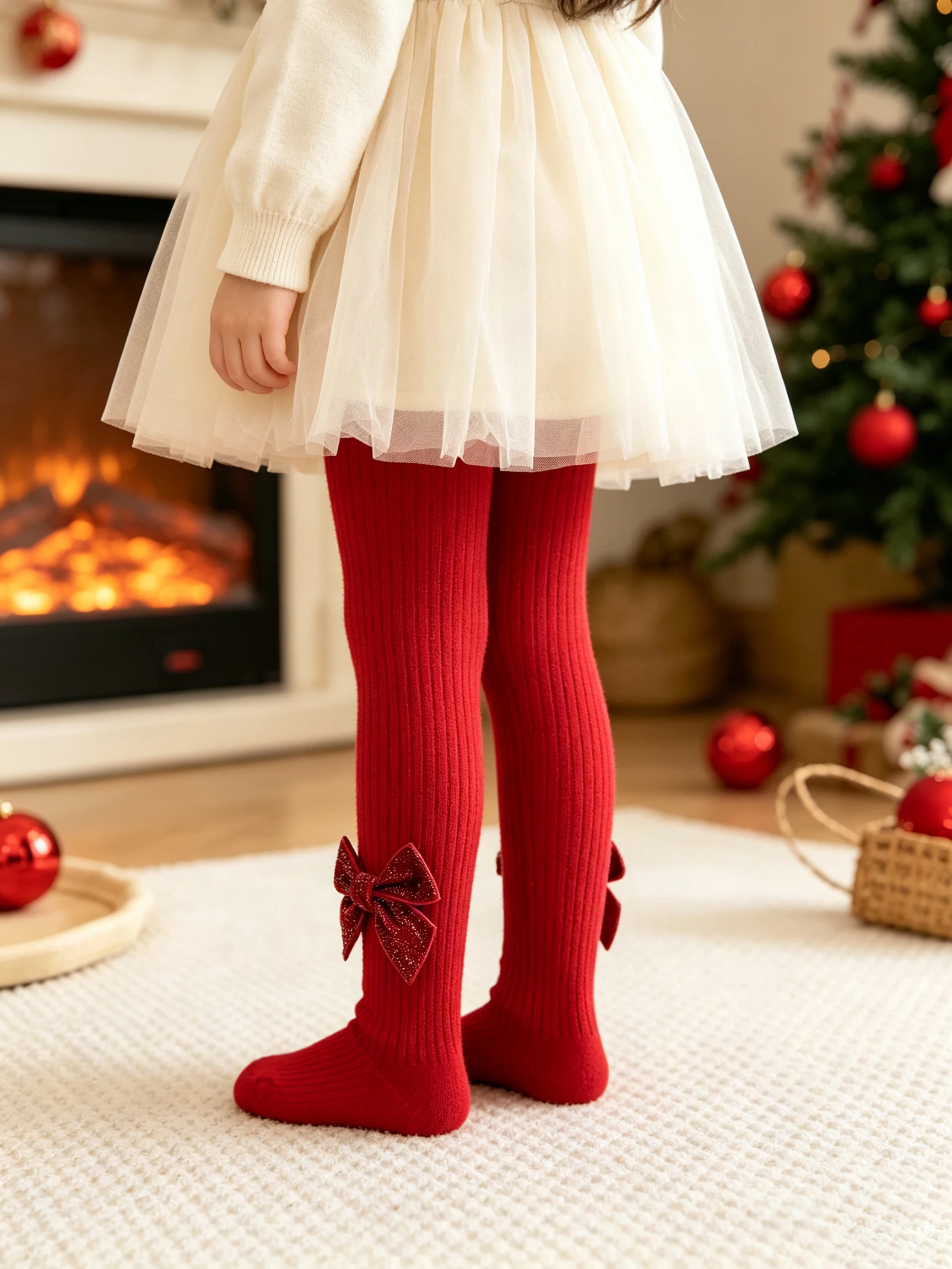 1 Stück Mädchen-Strumpfhose mit roter Schleifendekoration, mit Fleece gefüttert, dicke Strickstrumpfhose, Thermoleggings, Herbst, Winter, Weihnachtsfeier, Alltagsoutfit, 0-8 Jahre – Detail 7