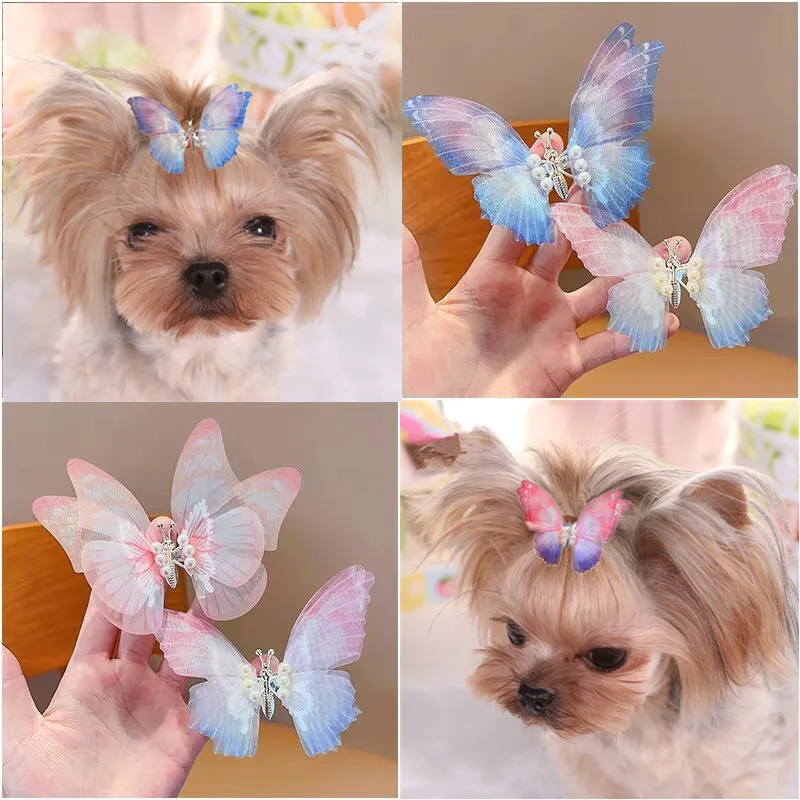 Butterfly Dog Hairpin Moving New Gradient Hair Clip Pet Dog Three-Dimensional Barrettes Pearl Pet Hair Accessories