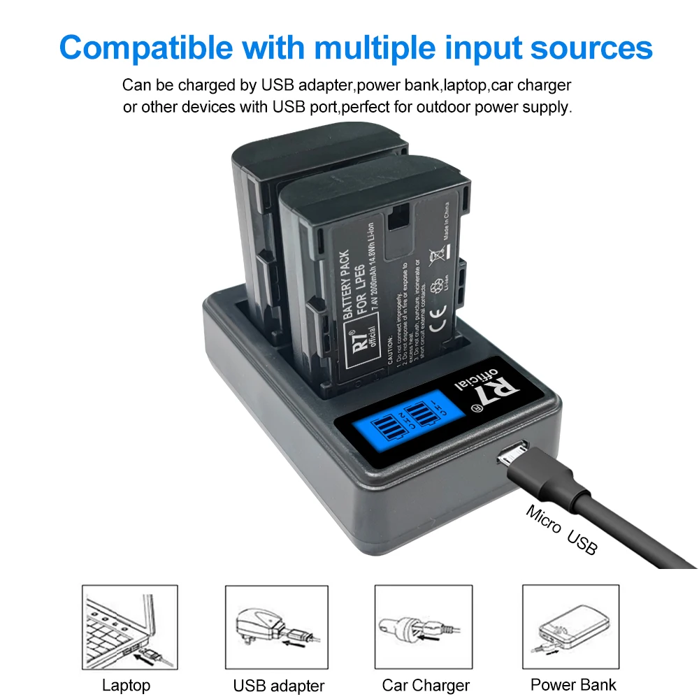 R7 LP E6 E6N LP-E6 LPE6 2000mAh Battery + LCD Dual Charger For Canon Mark II 5D Mark III 6D 7D 70D 80D EOS 5DS R 5D Camera