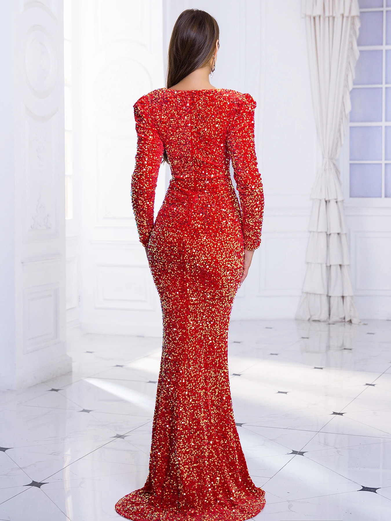 Rommagic abito da sposa a sirena con maniche lunghe a sbuffo abito rosso con paillettes lucide elastico in velluto con spacco a gamba da sera Maxi