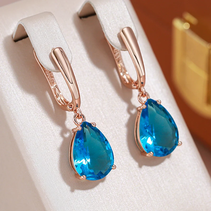 JULYDREAM Luxury Large Drop Shape Sea Blue Zircon Earrings 585 Gold Color Women Dangle Accessories Party Personality Jewelry