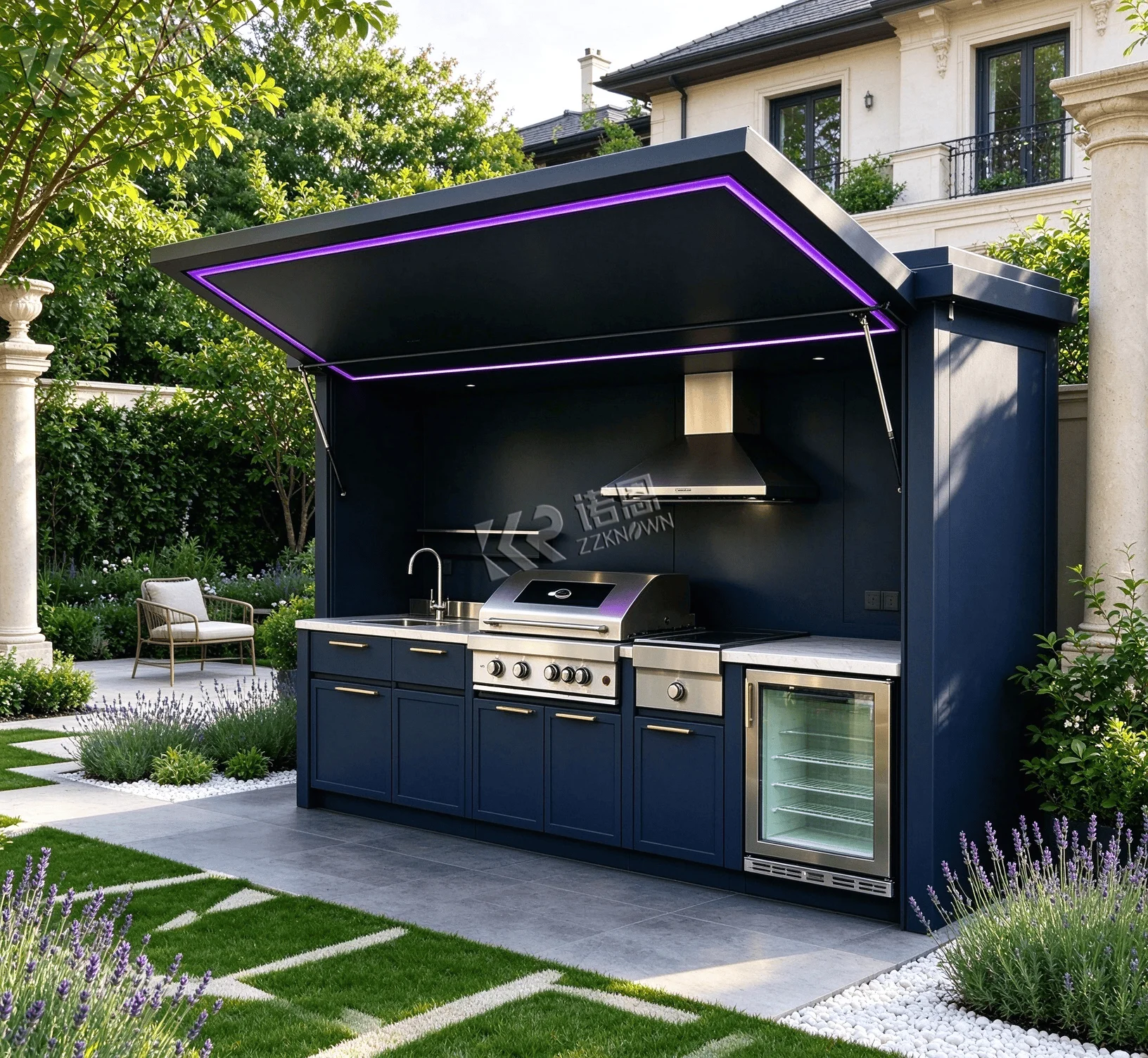 Outdoor Kitchen Aluminum Built-in BBQ Grill Cabinet with Modern Mediterranean Design Marble Countertop
