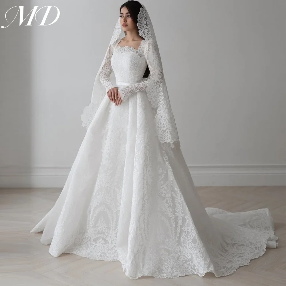 MD Modern A-line Lace Wedding Dress for Bride Customized Square Neck Long Sleeve Sweep Train Arabic Bridal Gown Vestido De Noiva