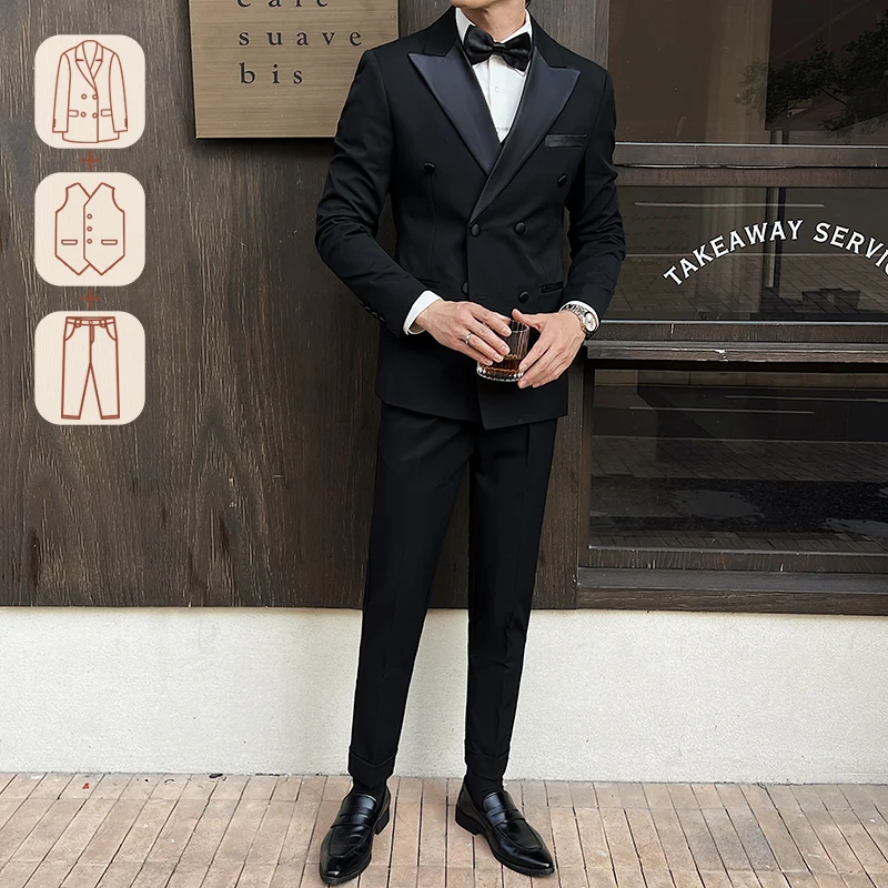 Man Elegant Black Double-Breasted Suit with Vest: Perfect for Formal Events and Sophisticated Occasions M-XL7