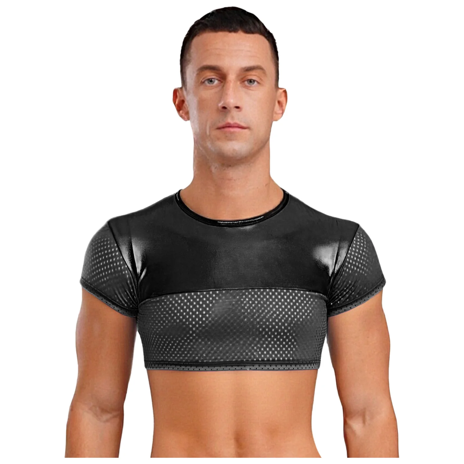 

Men Sissy Metallic Breathable Crop Tops Summer Sport Workout Swimming Short Sleeve T-shirt Blouses for Club Party Casual Tops
