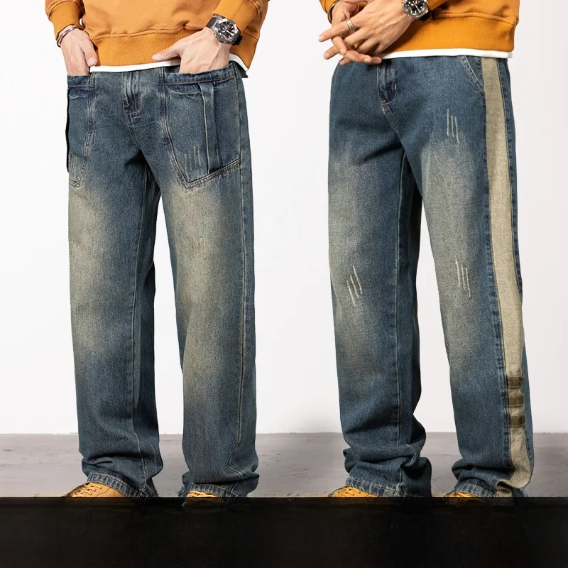 

Мужские джинсы в стиле ретро, широкие, на подкладке, свободные, прямые, утепленные, зимние, из денима, молодежные, удлиненные брюки, 100% хлопок