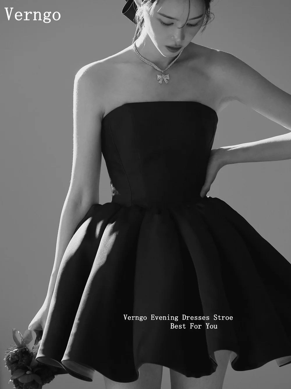 Verngo Black Satin Mini Prom Gowns Strapless A Line Homecoming Black Dresses Simple Lace Up Formal Occasion Dress Customized