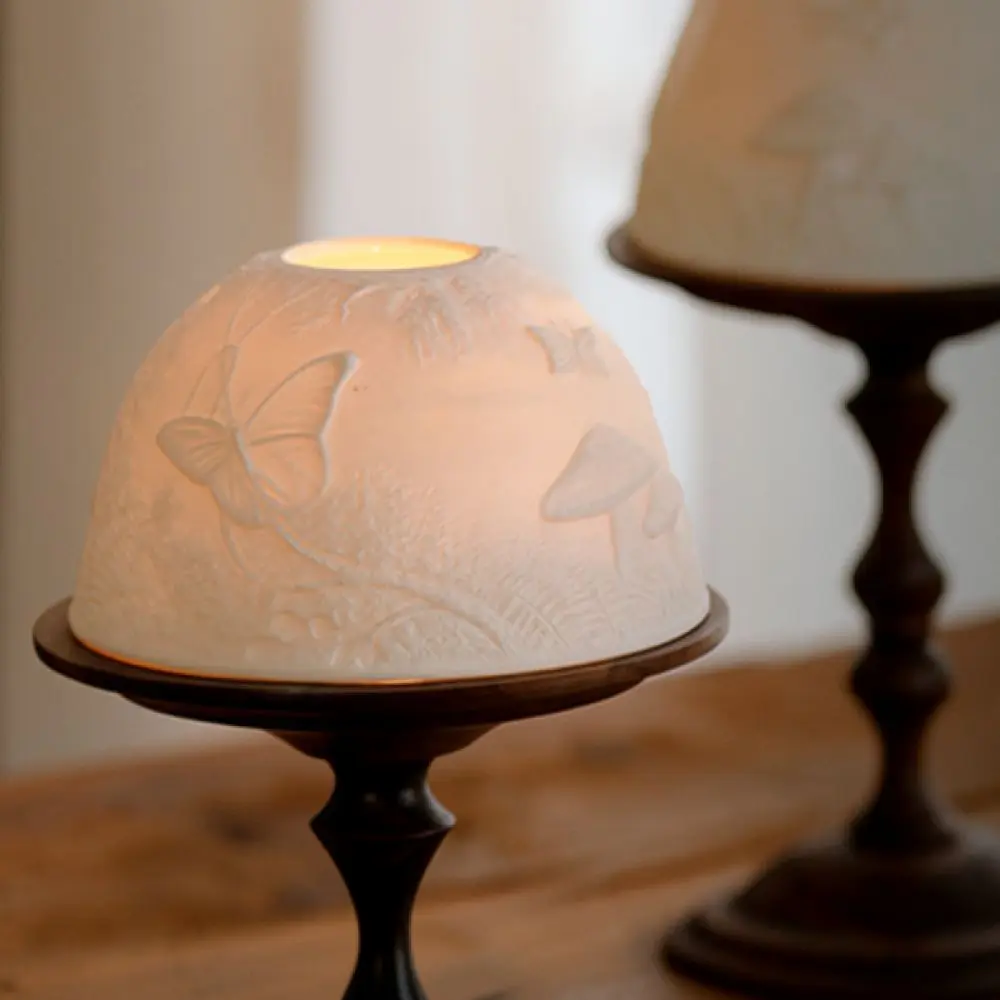 Vintage Walnut Wood Candle Holder With Bone China Shade Wind Shield Aroma Essential Oil Stand For Table Decoration