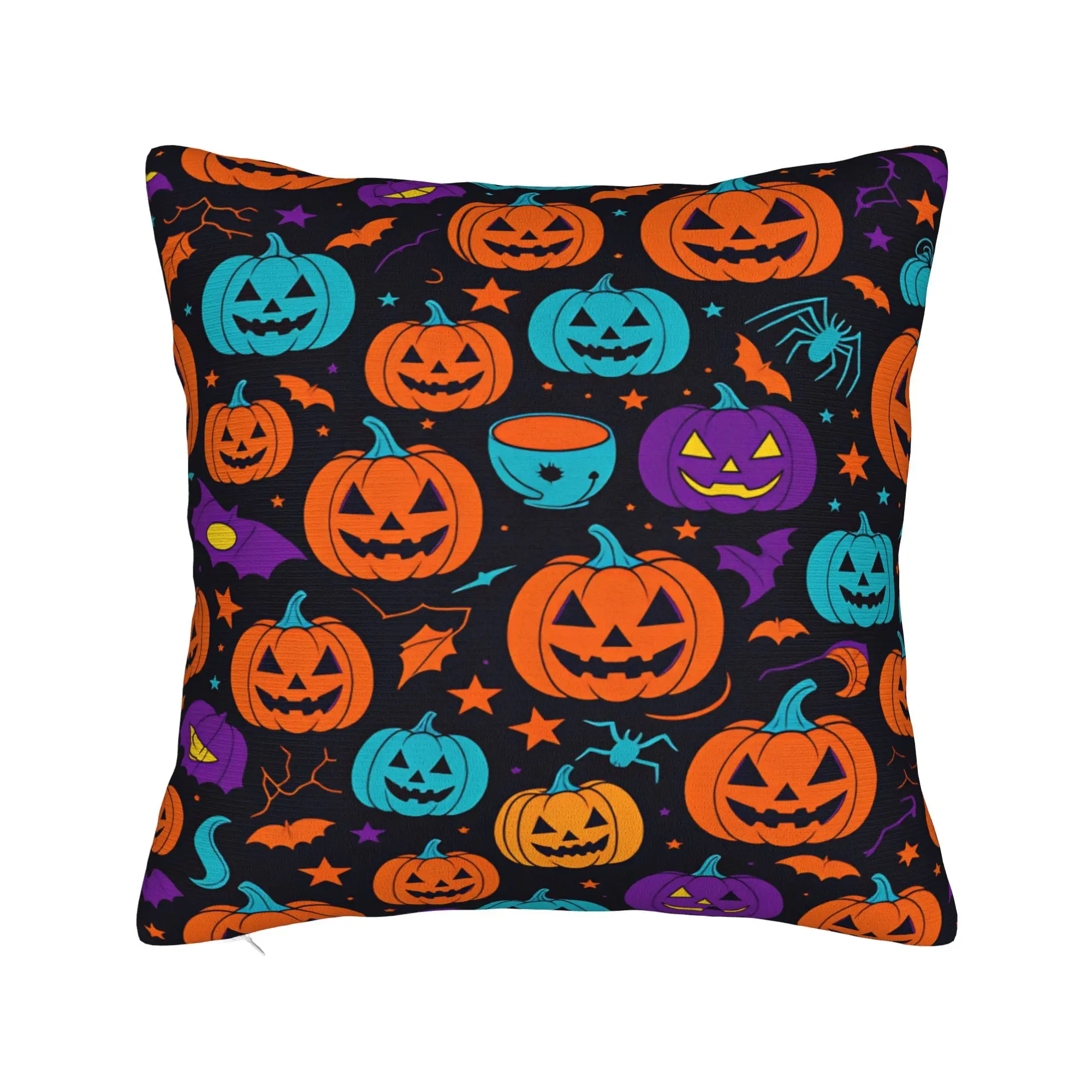 Halloween Colorful Pumpkin Bat Spider Star Seamless Pattern Dark Background Pillow Case Comfy Pillow Cover For Cushion Cover