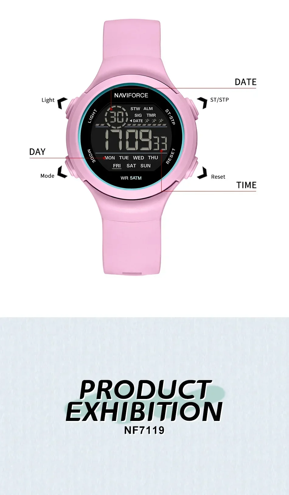 NAVIFORCE NF7119 ساعة رياضية فاخرة للنساء حزام السيليكا LCD شاشة ديجيتال ساعات المعصم الإلكترونية Reloj Mujer