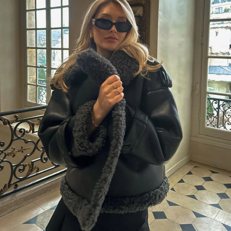 EAEOVNI – veste courte en cuir noir pour femme, Patchwork de fourrure, Streetwear, mode, col à revers, ceinture, manteau froncé à la taille, nouvelle collection hiver