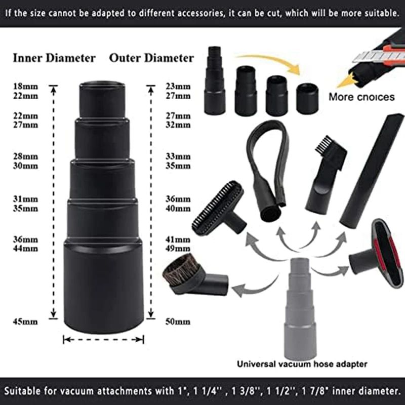 11Pcs Universal Vacuum Attachment Kit 1-1/4Inch Vacuum Hose Adapter Wet Dry Plastic Vacuum Cleaners Replacement Accessories