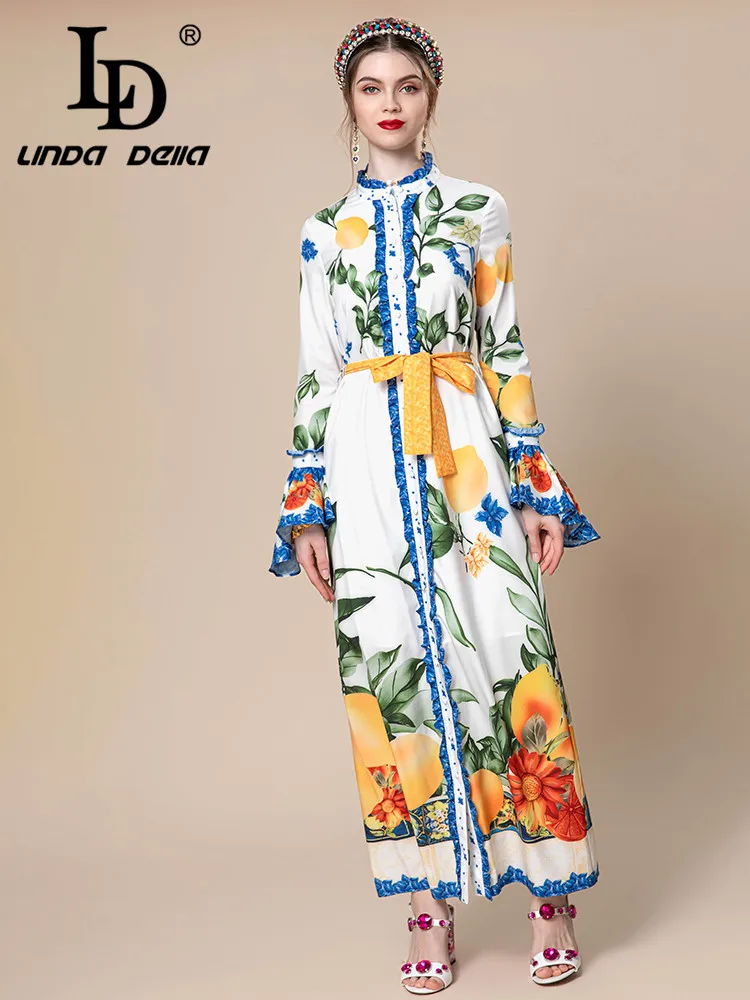 

LD LINDA DELLA 2024 Autumn Cheap Casual Dress Women's Megaphone Splice long sleeve Belt Print Single Breasted Long Dress