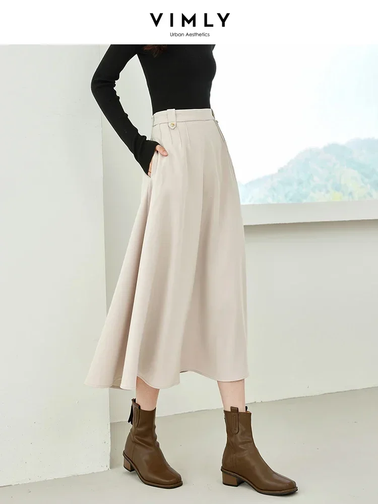 Vimly Elegant A Line Midi Skirts for Women 2023 Fall Fashion Side Pockets Elastic Waist Swing Flared Skirt Female Clothing M2573