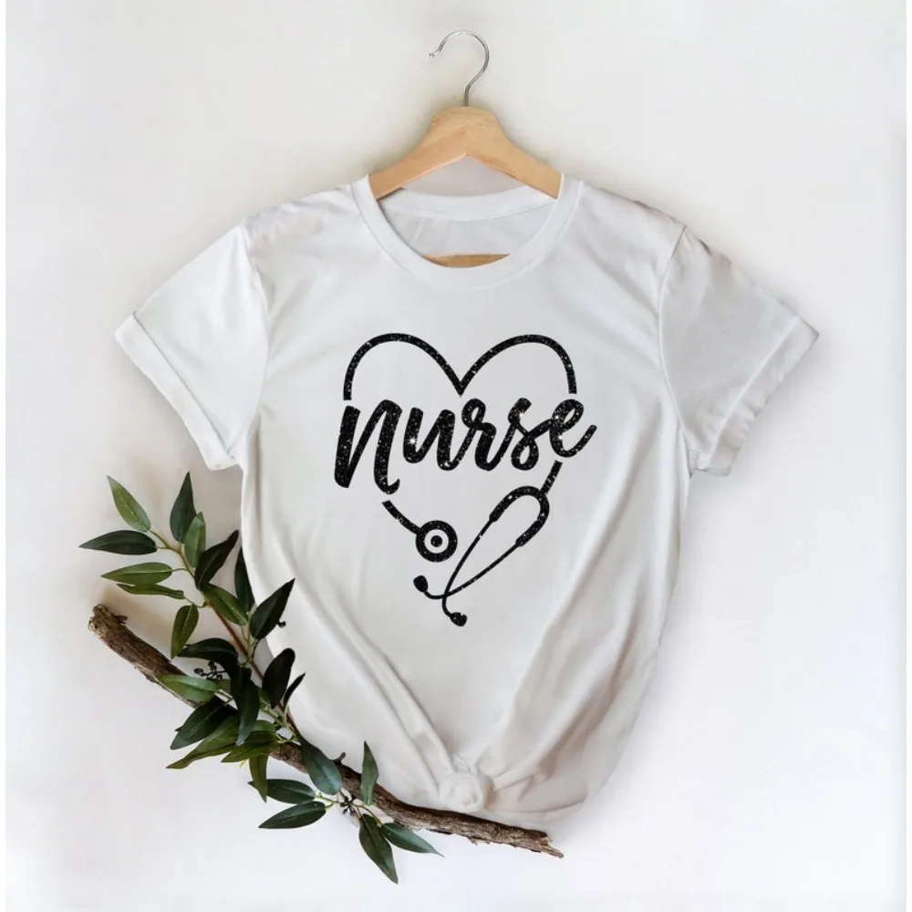 Heart Stethoscope Shirt-Nurse T-shirt-Nurse Nurses Week Gift Printed T-shirt Tops High Quality Cotton Tops Hipster Short Sleeve