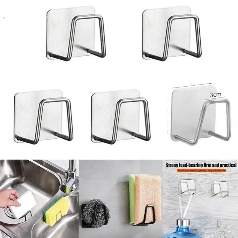 2-5Pcs Durable Self Adhesive Metal Hook Sink Sponge Storage Holder Rustproof Rack for Kitchen Sink Side Use