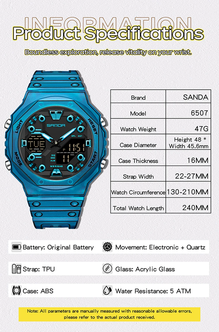 SANDA SD6507 Casual Electronic Watches for Man Stop Watch Calendar Luminous Outdoor Sports Digital Wristwatch