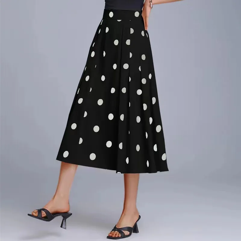 Spring Summer Polka Dot Graphic Solid Color High Waist Folds Shirring Korean Young Style Office Lady Women's Clothing Skirt