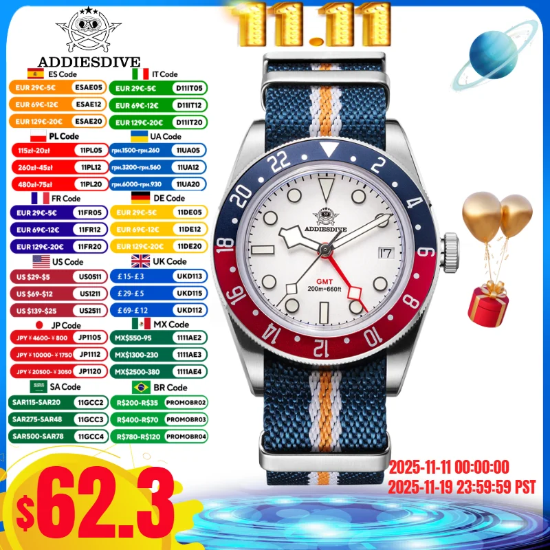 ADDIESDIVE Orologio da uomo Relogio 200M Orologio GMT impermeabile Bubble Mirror Glass BGW9 Orologi al quarzo super luminosi