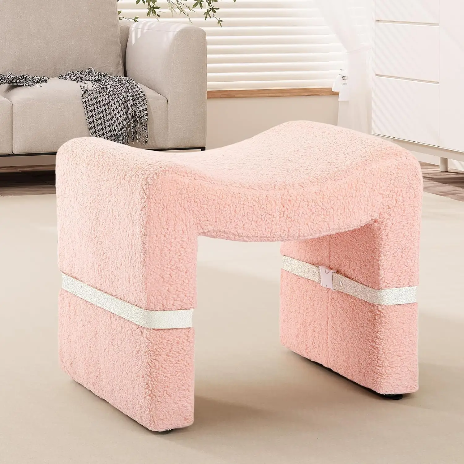 Stool Chair, Sherpa M-Shaped Ottoman Foot Rest with Detachable Legs & Side Belt, Foot Stool with Soft Boucle Fabric Seat for Mak