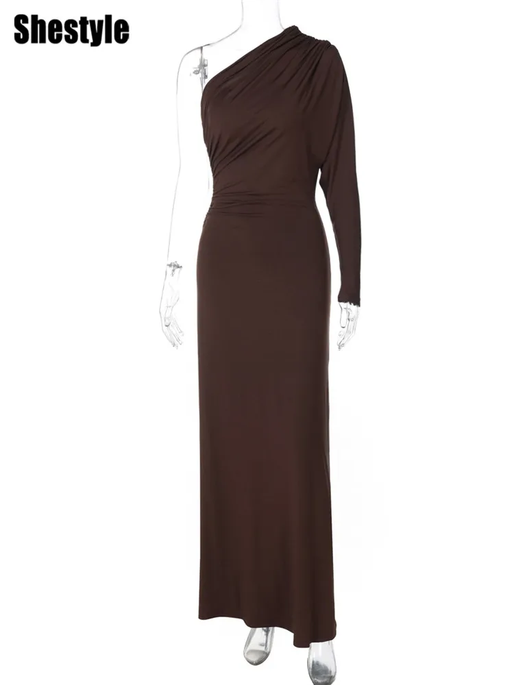 Shestyle كم واحد الصلبة فستان طويل المرأة أنيقة غير المتكافئة المنحدر الرقبة Ruched حفلة رشيقة 2025 الشتاء الملابس الأساسية