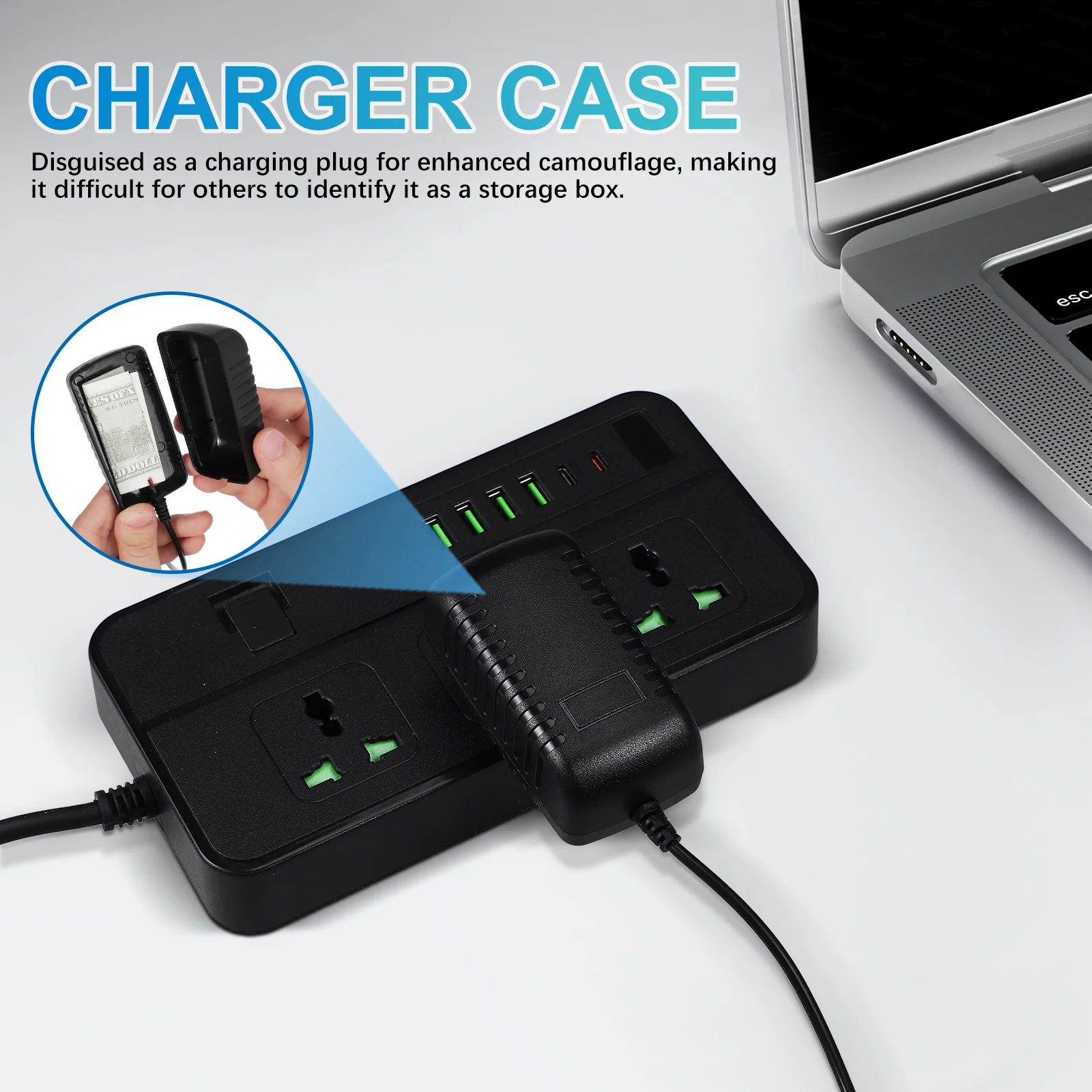 1pc Charging Plug Storage Box Black Long Cord Hidden Compartment Containers Secret Safes Cash Money Organizers Valuables Hider