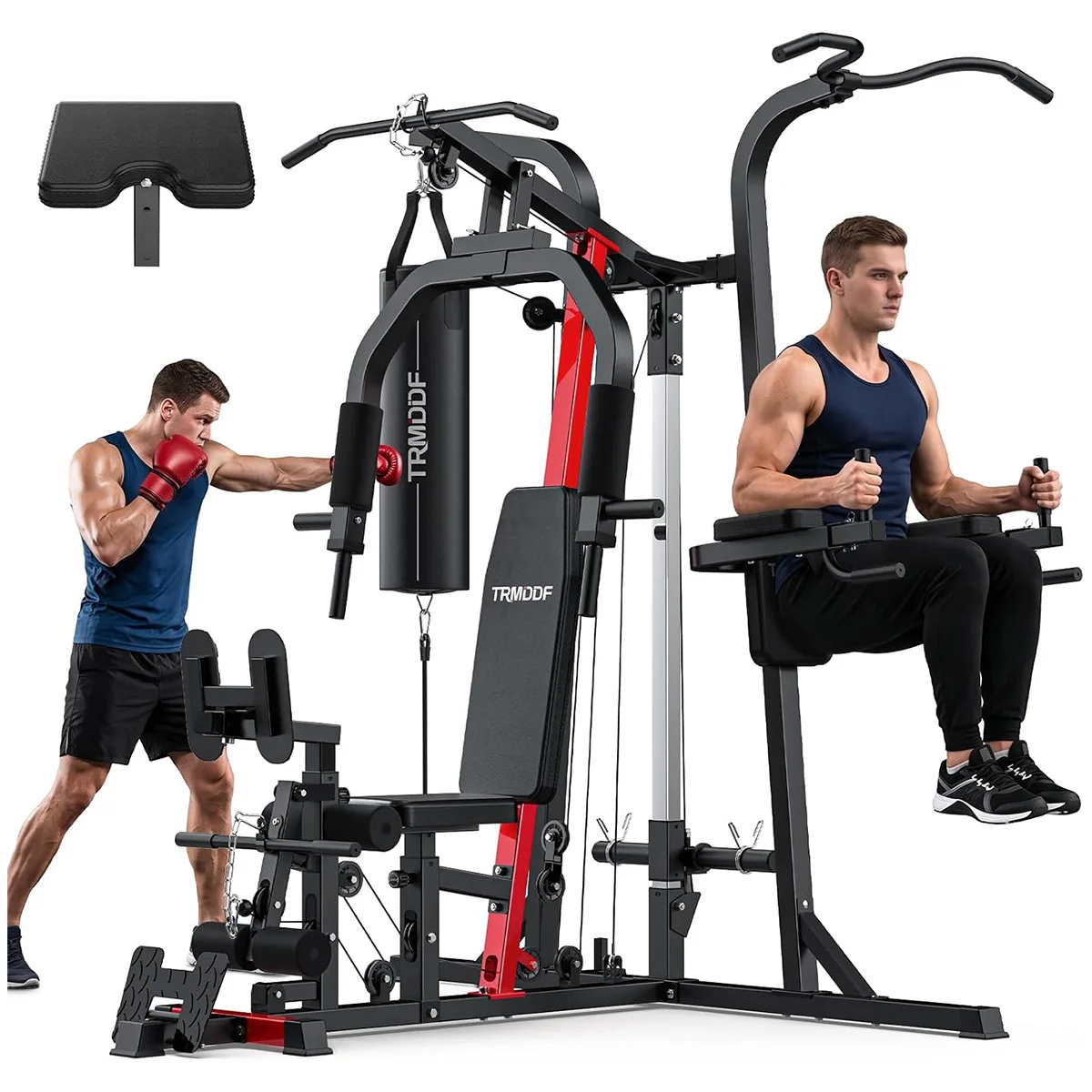 Pooboo Home Gym Equipment for Full Body Strength Training Lat Pulldown, Chest Press, Low Row and Leg Training Plus Pull up Bar, Dip Station and Punching Bag for Full-Body Workouts