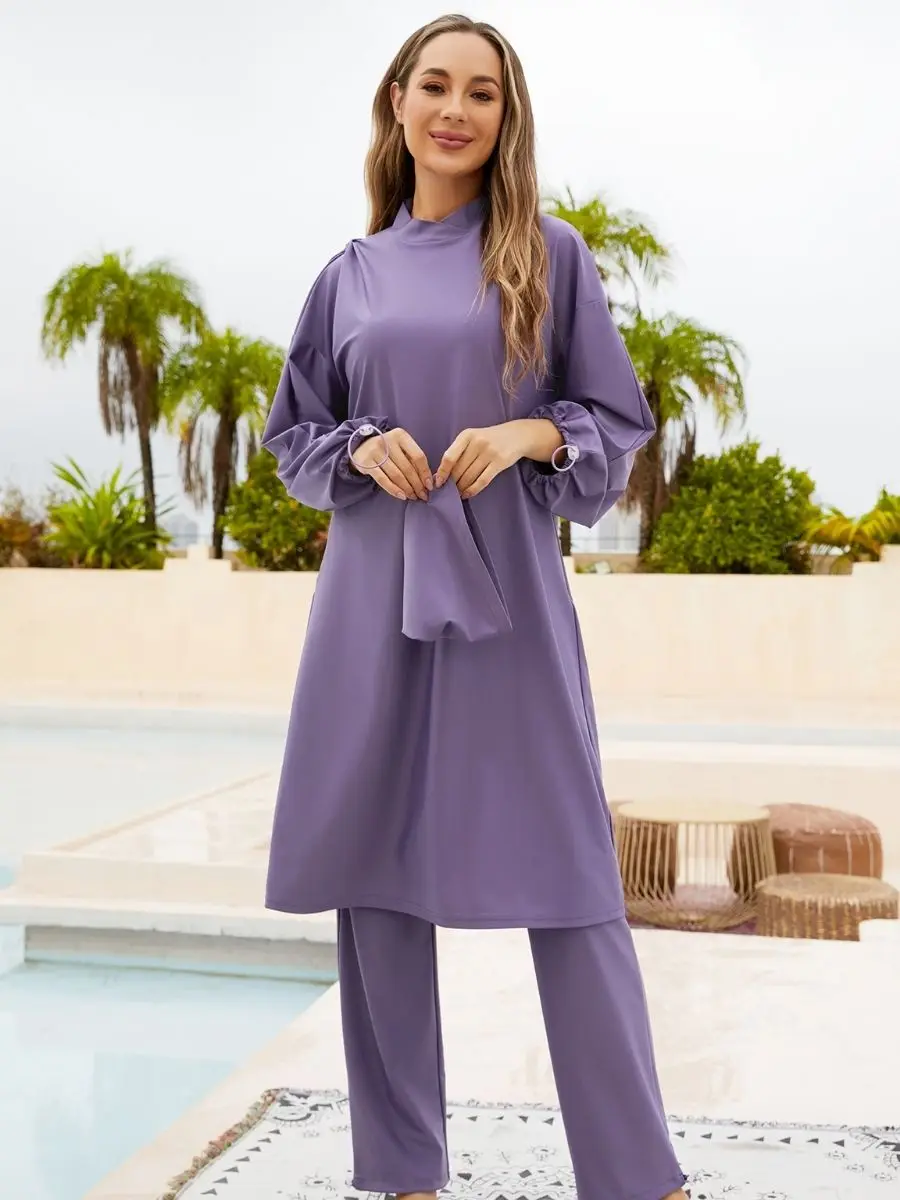 

Purple Modest Split Muslim Bathing Suit UPF50+ Women Rash Guard Sports Surfing Two-pieces Swimsuit