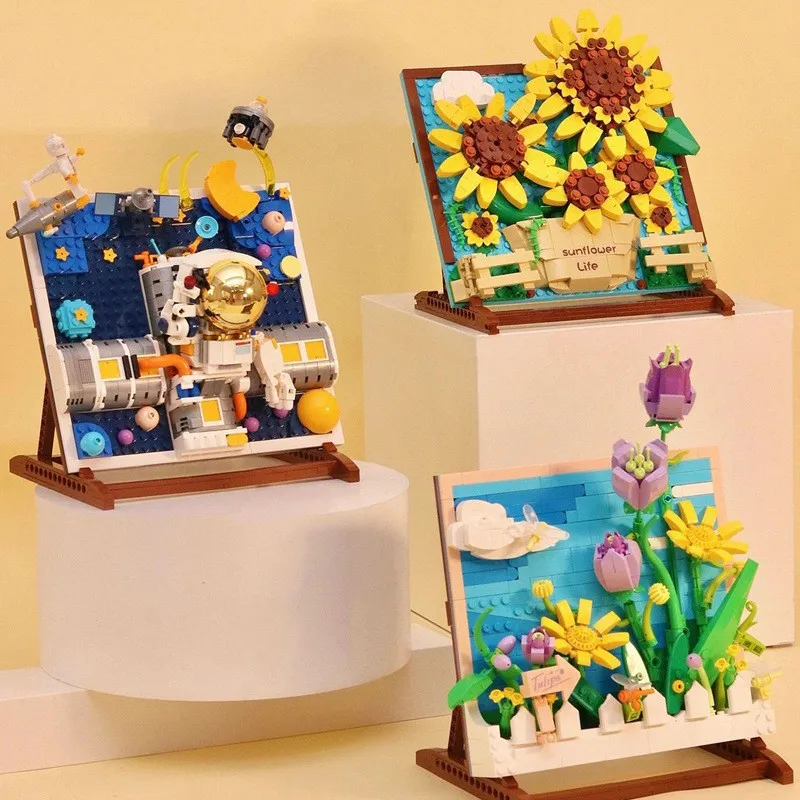 

Friends Sunflower Flower Tulip Painting DIY Bricks MOC Creative Space Frame Decoration Building Block Kids Toys Girls