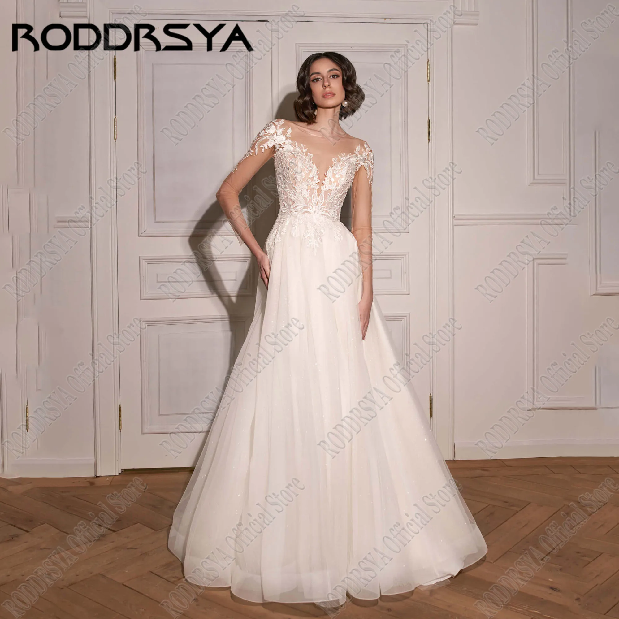 Roddrsya maßge schneiderte O-Ausschnitt Brautkleid lange Ärmel Applikation Illusion zurück Glitzer Vestidos de Novia Spitze BrautkleiderRODDRSYA Maßgeschneiderte O-Ausschnitt Brautkleid Lange Ärmel Applique Illusion Zu