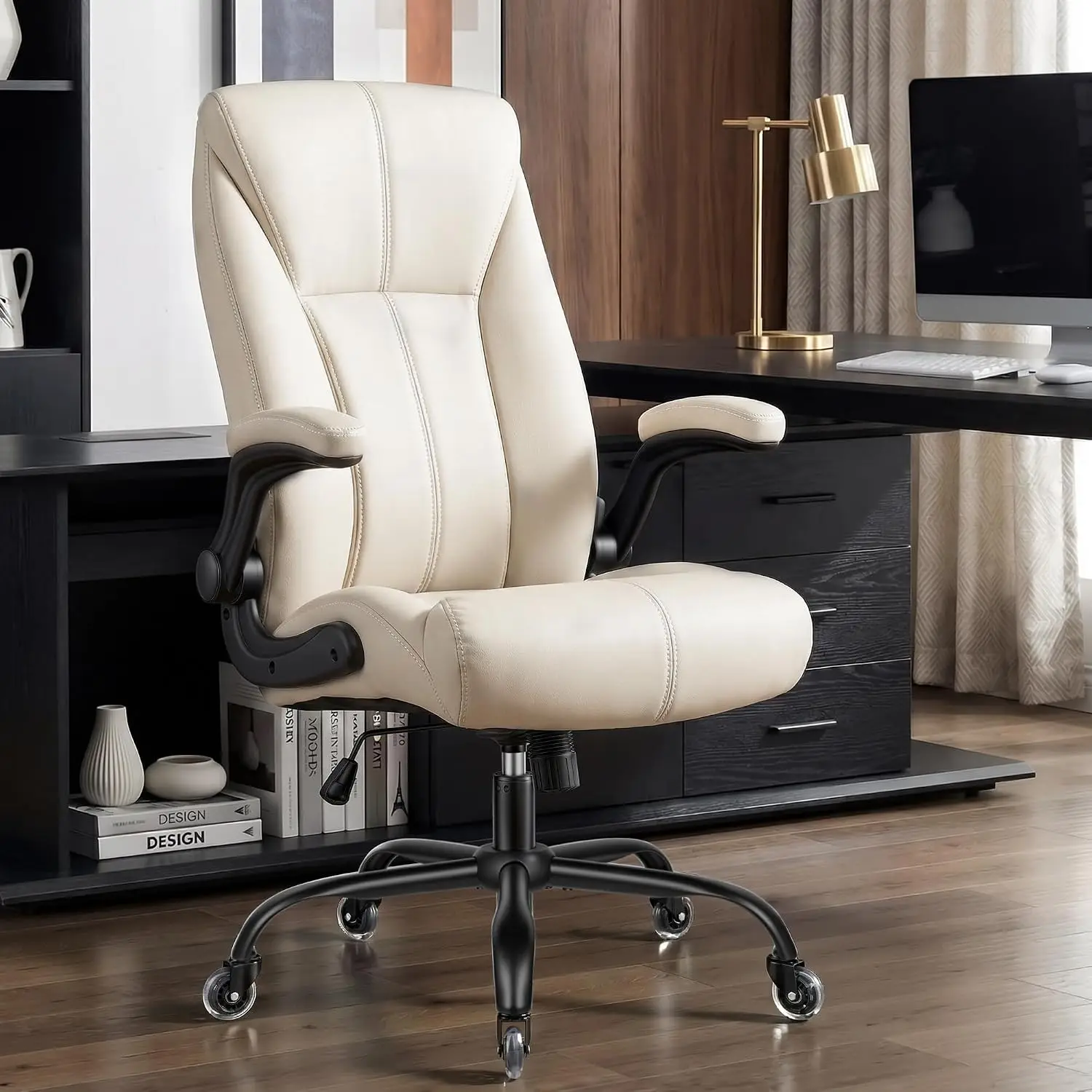 Heavy Duty Office Chair 400LBS High Back Extra Wide PU Leather Flip-Up Armrests Quiet Wheels Home Desk White, Customized