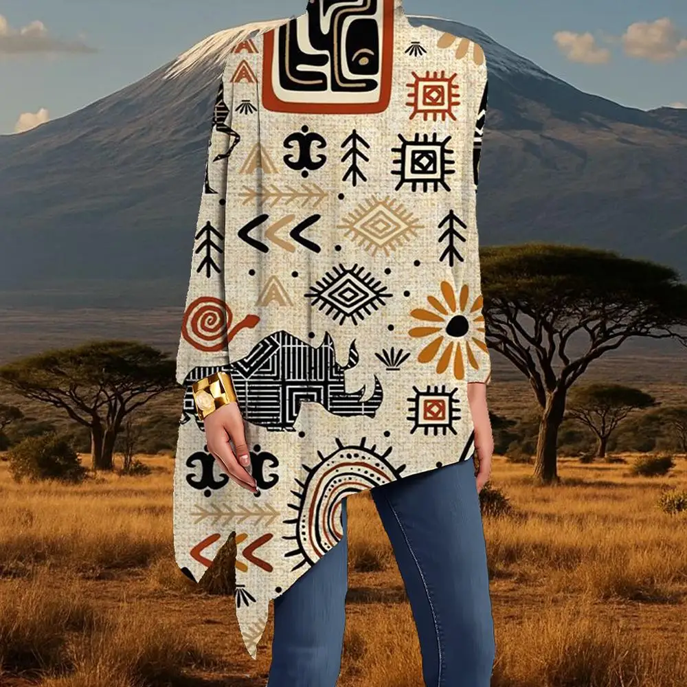 

2025 New African Tribal Print Women's Shirt Trendy Retro Art Loose Fit Clothing Bohemian Ethnic Style Casual Long-Sleeved Top