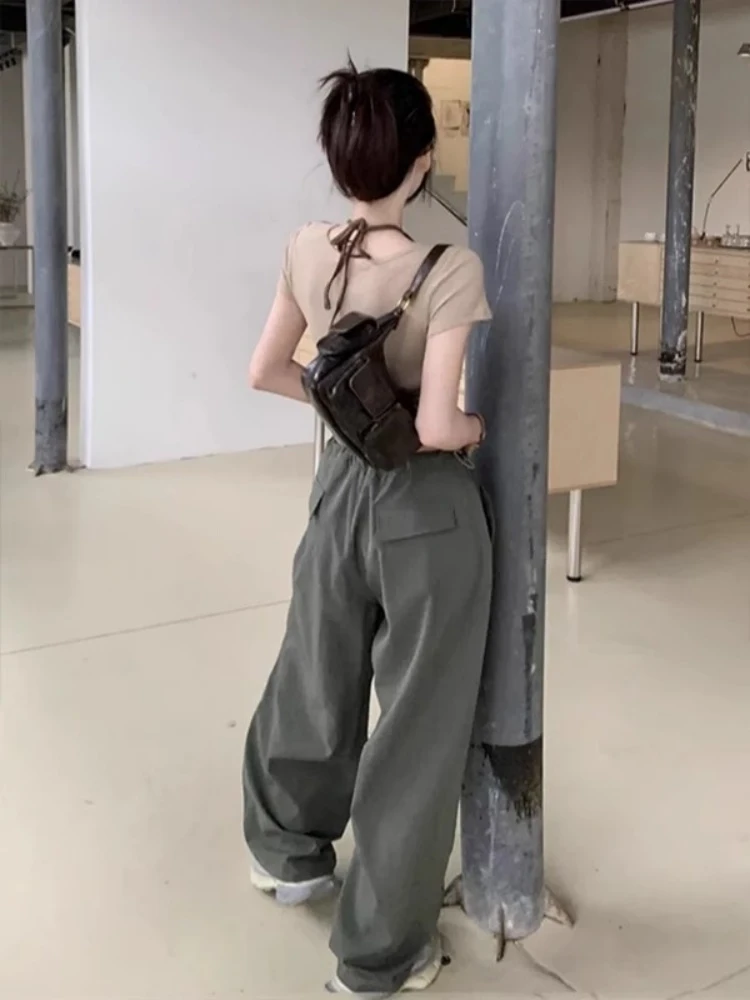 Retro American ort Sve T-irt Women's Spicy Girl Slim Fit ort V-Ne Fake Two-Piece Top for Autumn Korean Sle Stand...