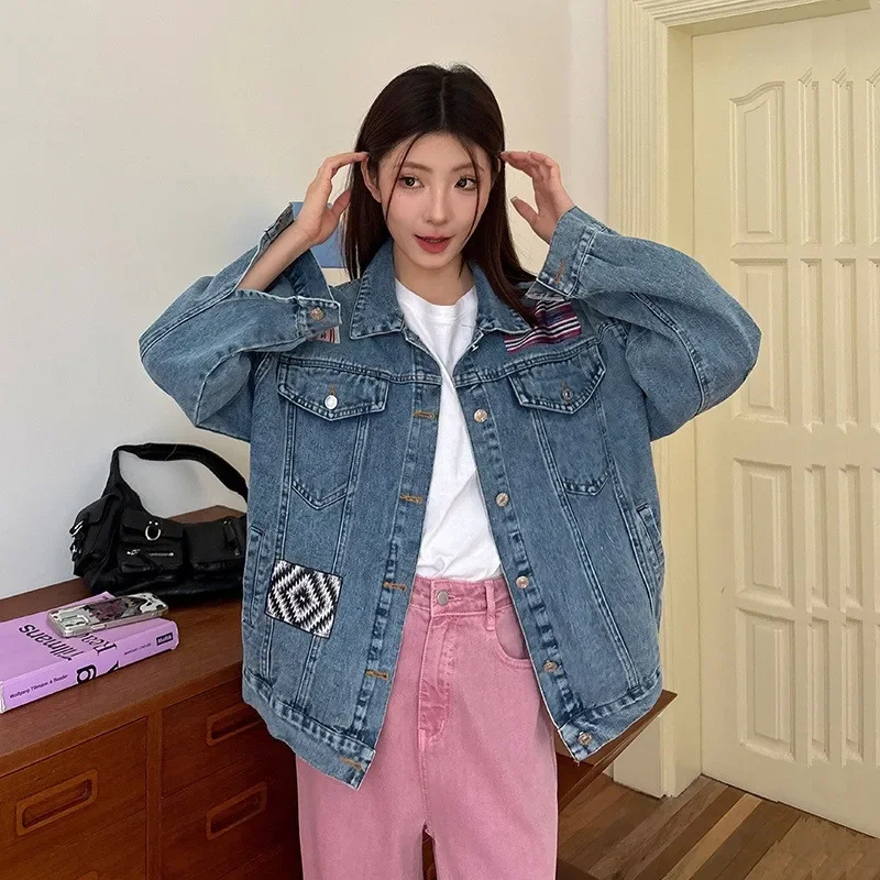 

Autumn Harajuku Vintage Fashion Patch Blue Denim Jacket Loose Casual Women Cowboy Outerwear Lapel Long Sleeve Jeans Jacket Coat