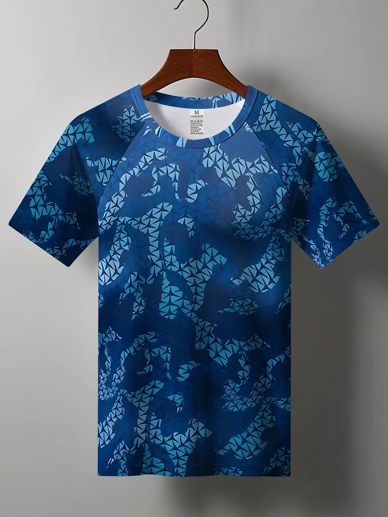 Men Quick Dry High Elastic Sport T Shirt Blue Camo Triangle Print Raglan Sleeve Breathable Fitness Top - view 2