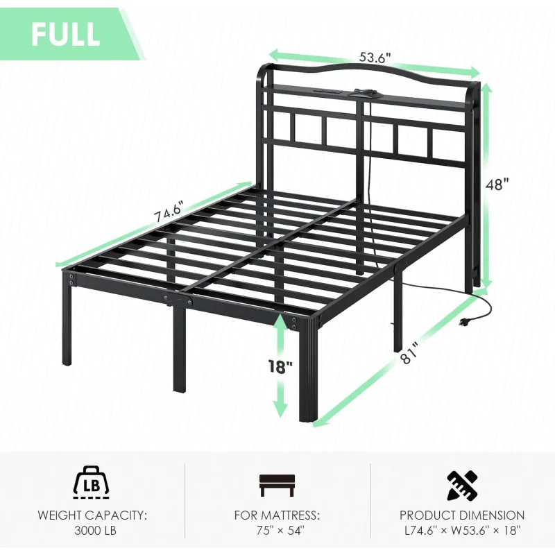 Full Size Bed Frame - Storage Headboard with Galaxy Aurora Star Projector & Charging Station,18in Heavy Duty Metal Bed Frame