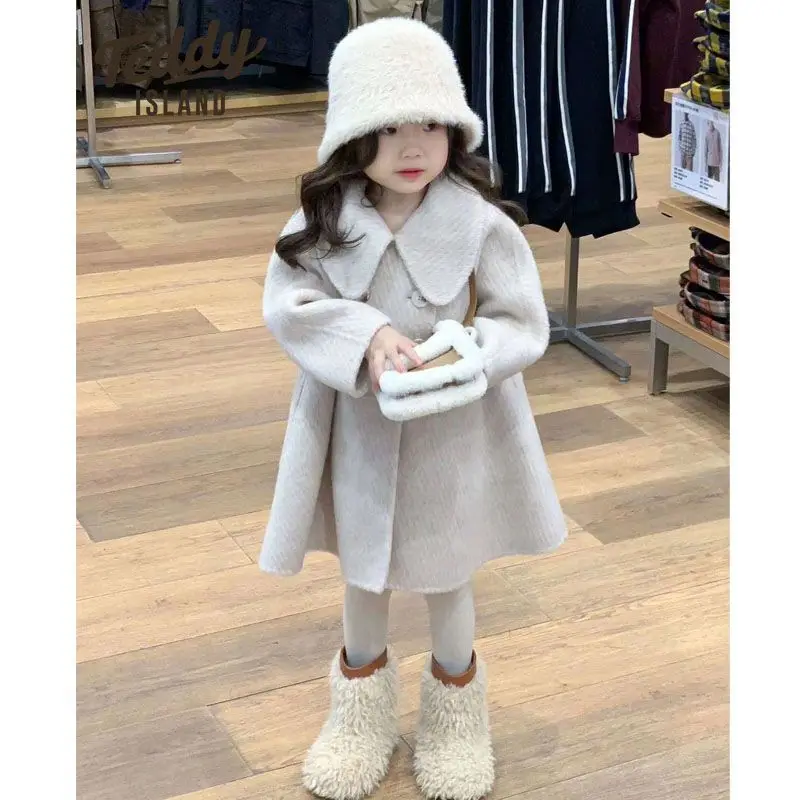 

Korean Children Clothing Girls Woolen Coat Autumn and Winter New Children Sweet Peter Pan Collar Woolen Coat Medium Long Top