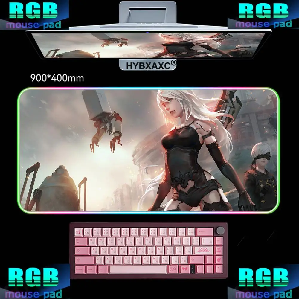 Cartoon Anime Mousepad A2 Nier Automata Keyboard Mats Gamer Kawaii Mouse Pads RGB Gaming Mouse Pad Desk  LED Light XXL