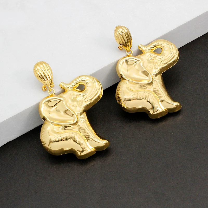 African Animal Elephant Earrings For Women Girls Gold Plated Copper Drop Earring Fashion Jewelry Party Wedding Gift