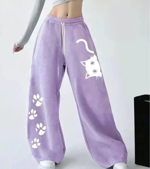 Sommerliche, niedliche Hose mit Katzen- und Pfotenabdruckmuster, gerade geschnittene, weite Hose, Unisex, weiß, mit Kordelzug, Y2K, Harajuku, Streetwear, lässige lange Hose – Detail 5