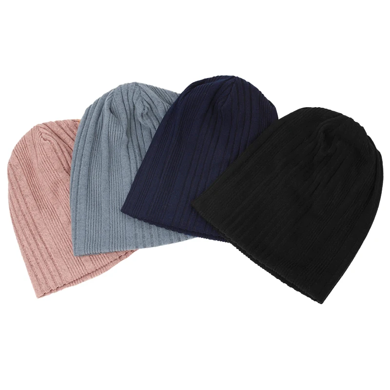 Geebro Women Solid Color Knitted Striped Beanies Hat Autumn Winter Warm Skullie Beanie Casual Loose Bonnet Hip Hop Caps