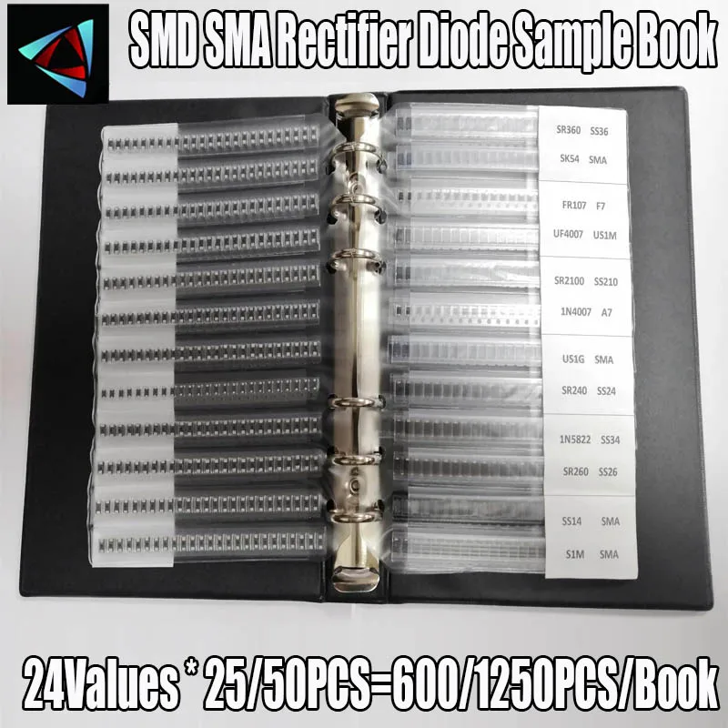 Rectifier Diode Sample Book SMD SMA Assortment Kit 24 Values Schottky Diodes M1 M4 M7 SS12 SS14 SS16 SS24 SS34 SS36 SS110 SS210