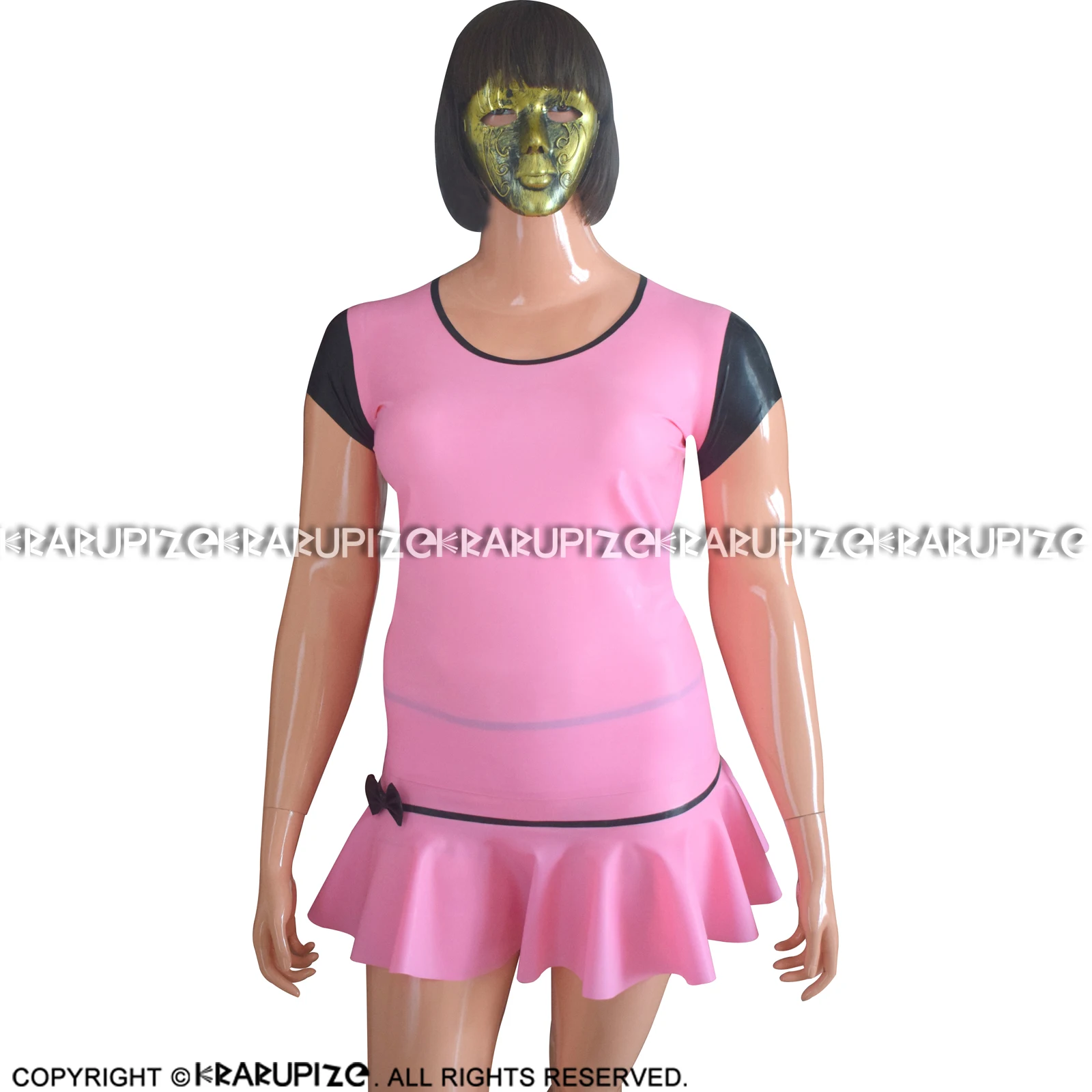 Pink And Black Trims Short Sleeves Sexy Latex Shirt With Rubber Skirts Bows YF-0330